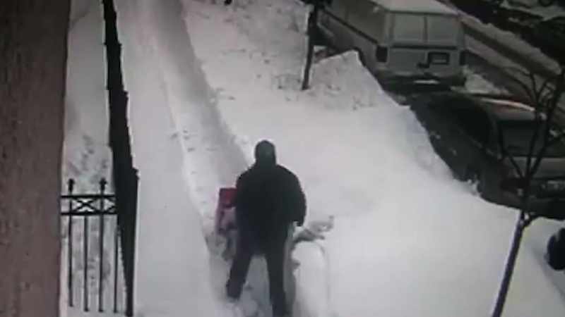 First, he fires up his snow blower