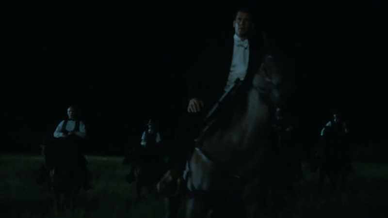 Five of the riders keep hard south for the river