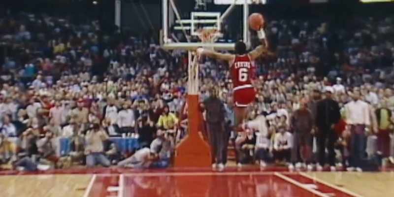 From the free-throw line, he dunks!