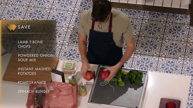 Green beans, lamb chops, whole pomegranates