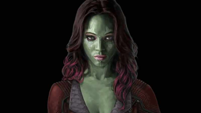 Green paint over a face with, you know, regular eyebrows