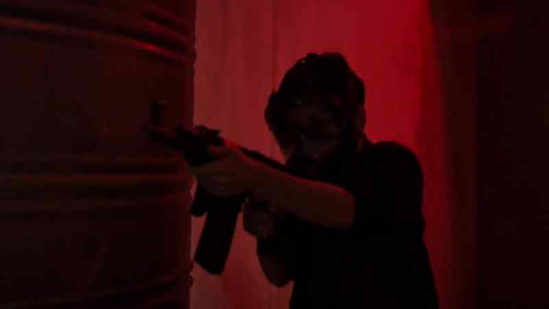 [gunfire blasting]