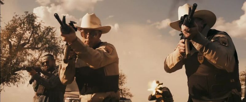 (guns firing) (dramatic music)