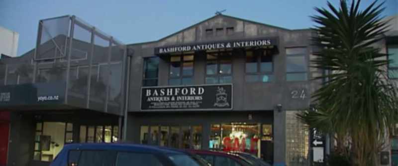 Hannah parked in front of Bashford's Antiques