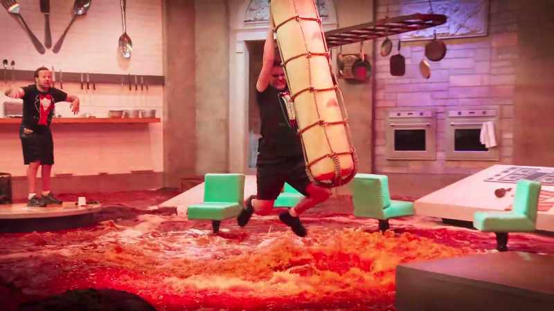 He rode that mozzarella stick 30 feet over a lava explosion