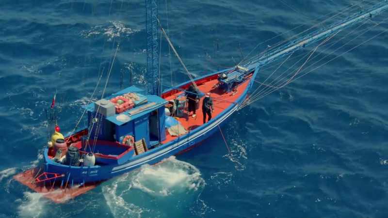 He uses a boat with a long protruding bow