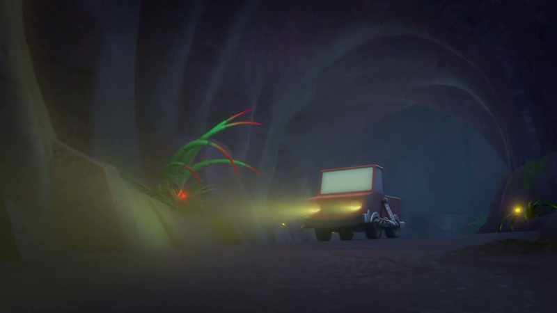 [headlights buzzing] -[eerie music playing]
