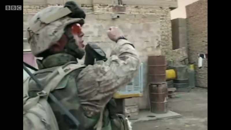Hey! He's wounded, in between these two houses