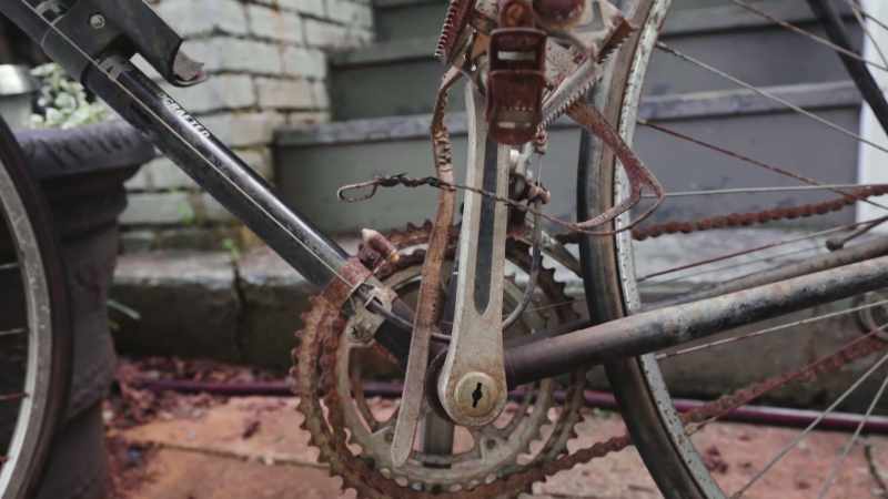 His bike is on display on the front steps