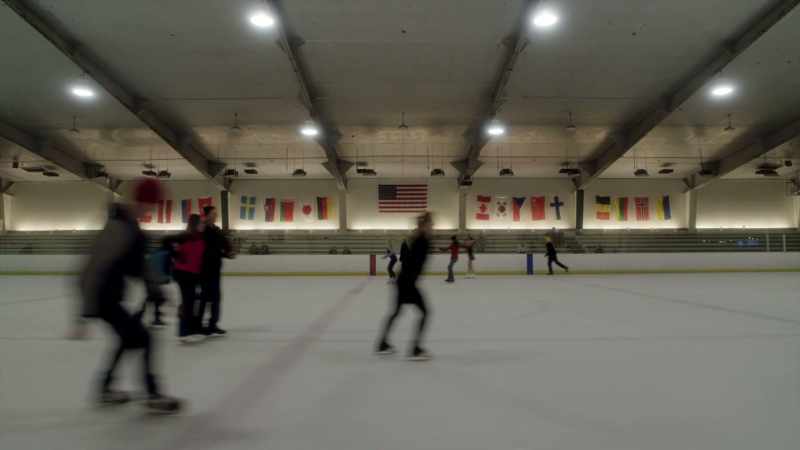 (Ice skates scraping)