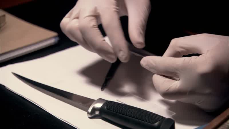 If you have a well-preserved sample, transferring a dry drop of blood is relatively easy, almost as easy as it was lifting Jorge castillo's fingerprints from his boat and putting them on this knife