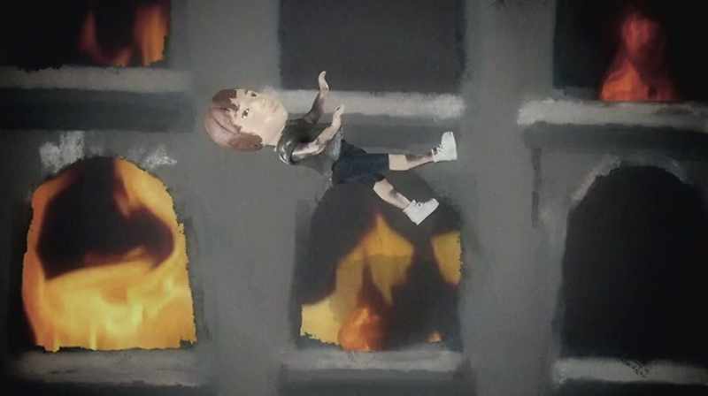 In front of a burning orphanage