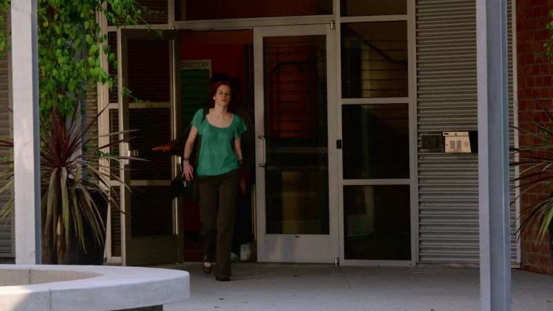 (into earwig): Okay, she's just left the building