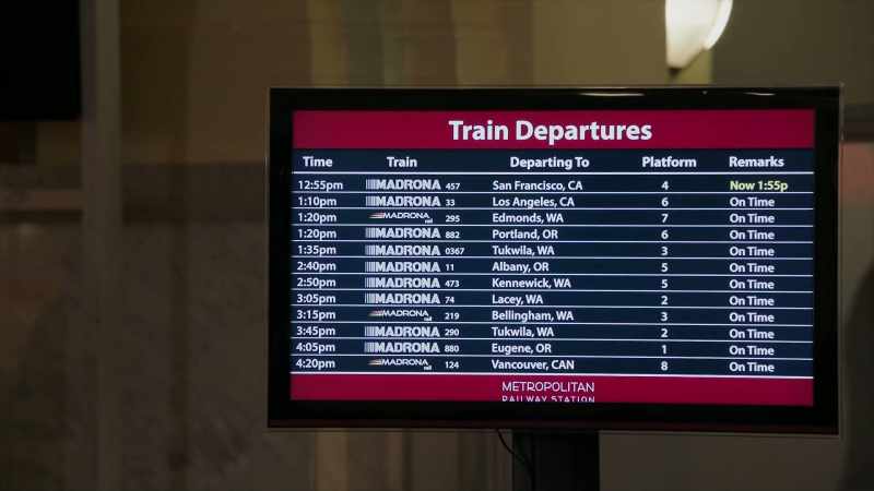 Is now leaving at 1:55 p.m. on platform four