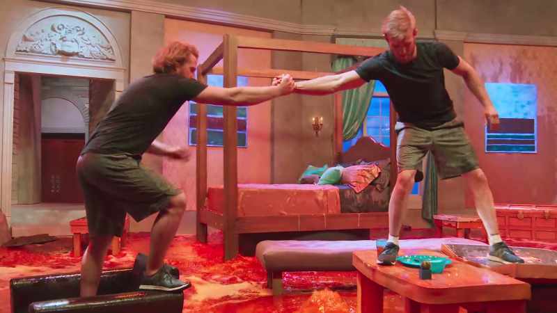 Kendall, helping Austin across with a manly mountain man grip