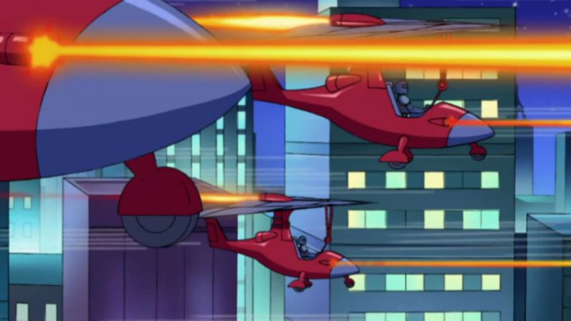[lasers shooting]