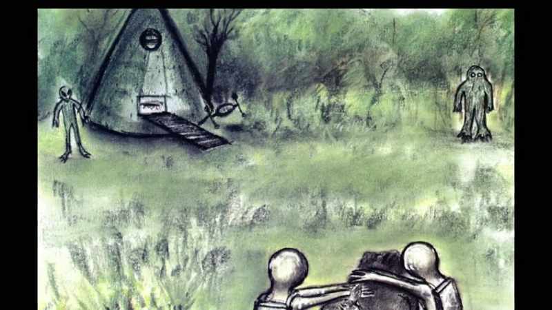 Lizard guy on the left is seen through binoculars