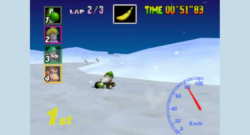 [Mario Kart music playing]