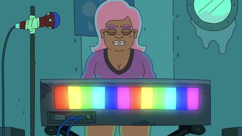 [melodic, harmonious music playing]