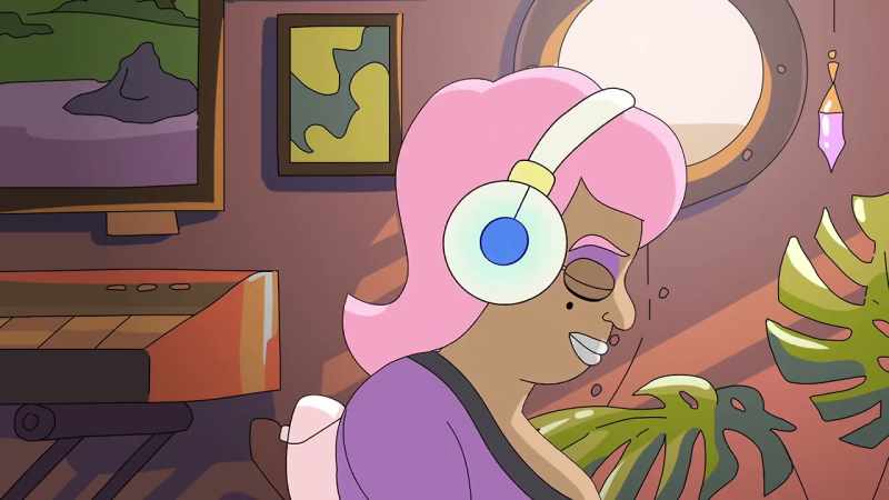 [melodic, harmonious music playing]