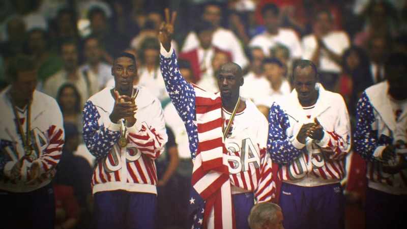 Michael Jordan draped in the American flag