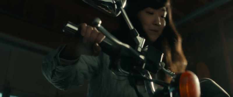 [motorcycle creaking]