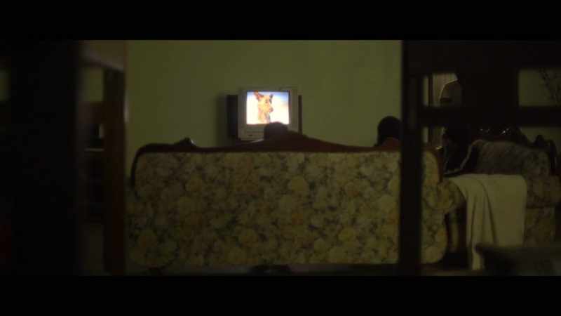 [music playing softly on TV]