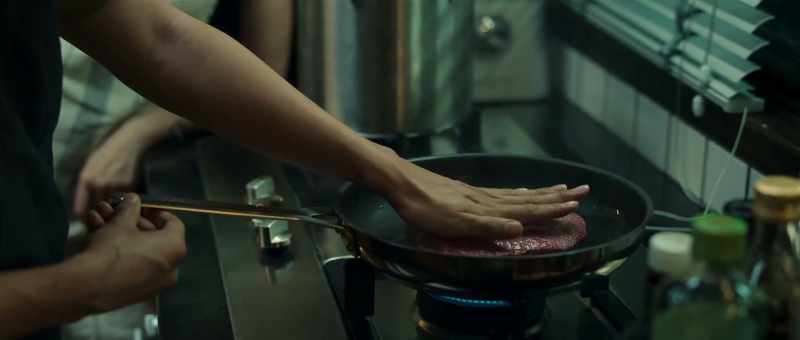 Now, press the meat into the pan, so it cooks evenly