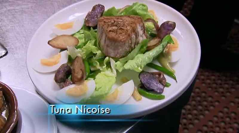 Onion gratin, tuna nicoise, roasted chicken