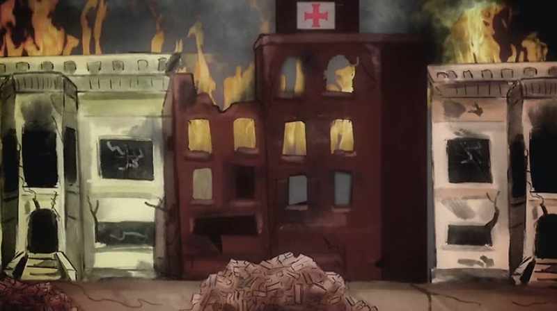 Outside of a burning hospital