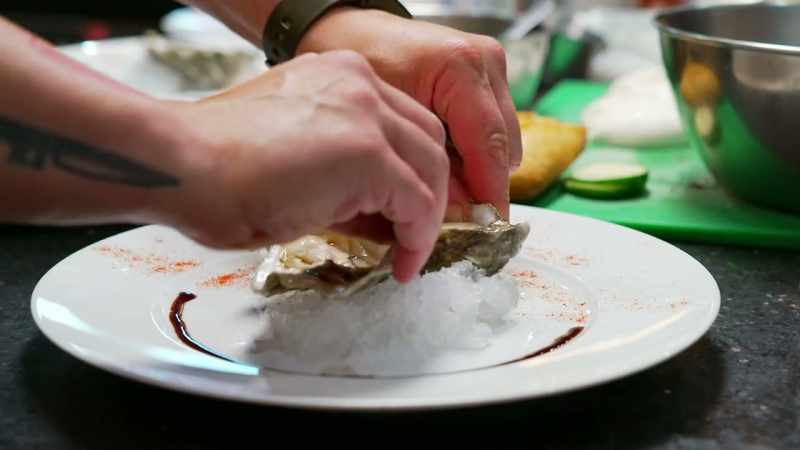 Oysters with ginger, cucumber, and mayonnaise
