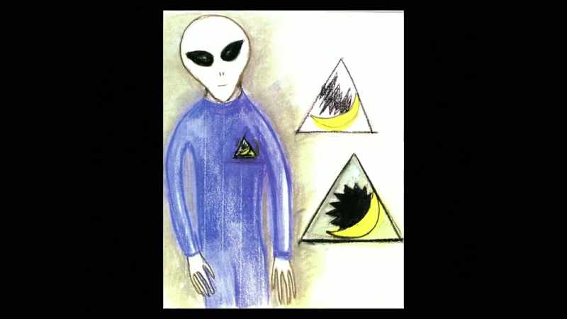 Pale grey entity with large, slanted black eyes with