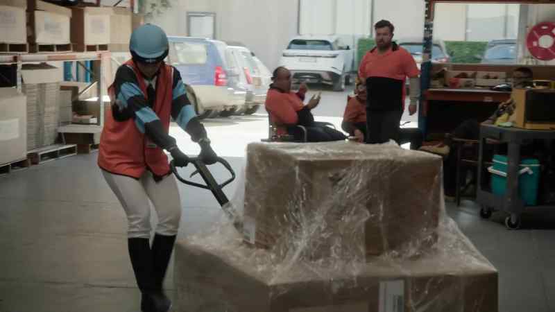 [pallet truck whirs]