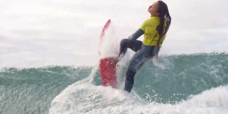 Pumping for speed, but the wave closes out, and she bails