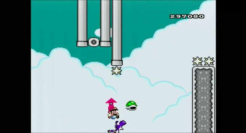 Purple Yoshi grabs the shell