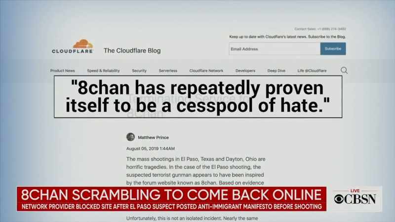 Reporter 5: In a statement, Cloudflare said 8chan