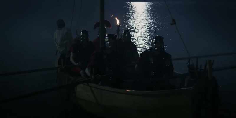 [RHYTHMIC CREAKING OF BOAT]