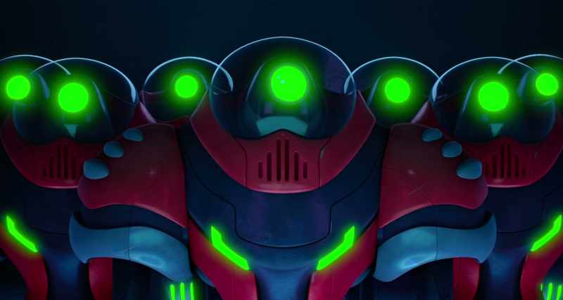 [robotic voices]