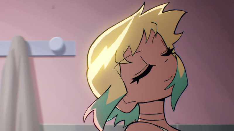 [rock music playing]