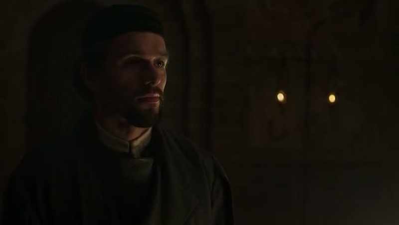 See the little figure behind the knight's shield