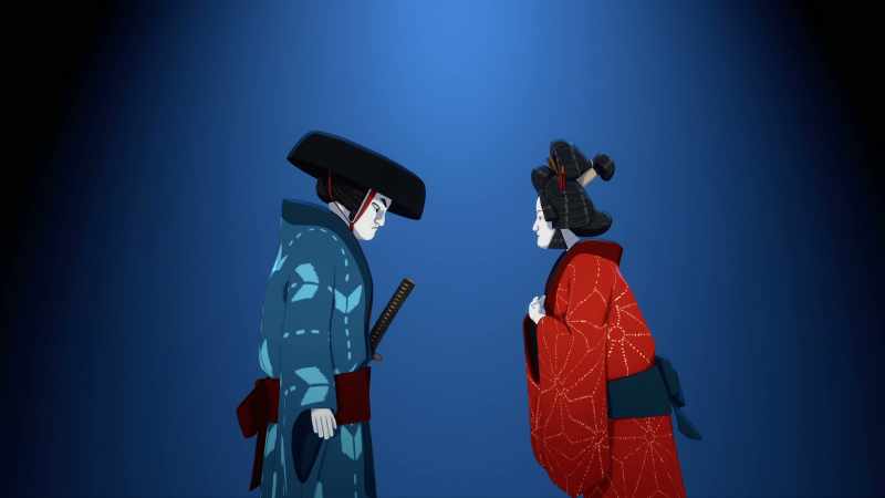 [shamisen, hyoshigi sticks playing]