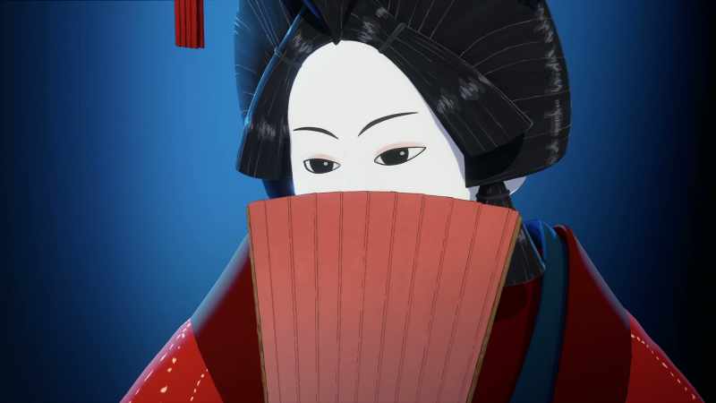 [shamisen music playing]
