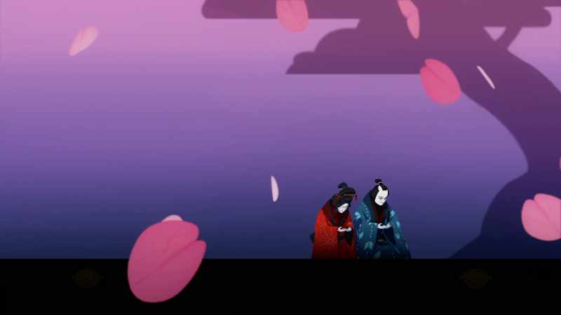 [shamisen music playing]