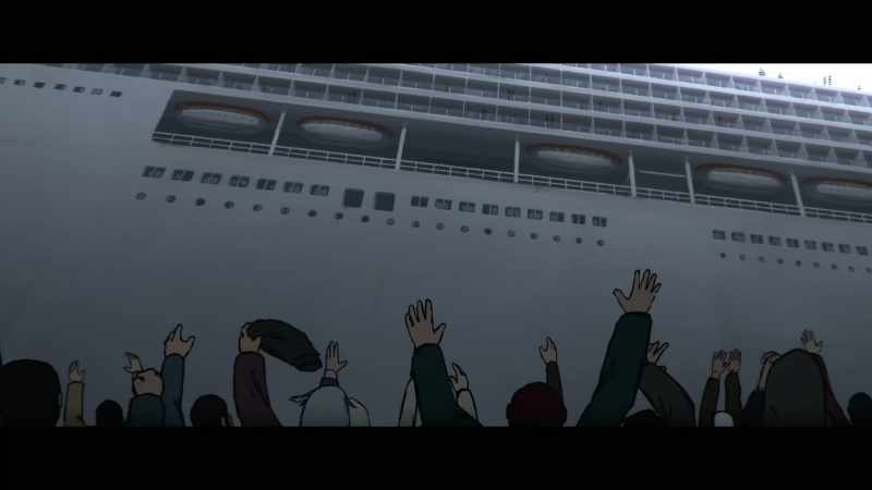 (ship horn blares)
