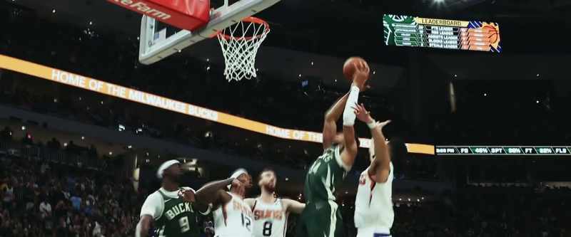 Shot won't go. Gets the rebound. Back up