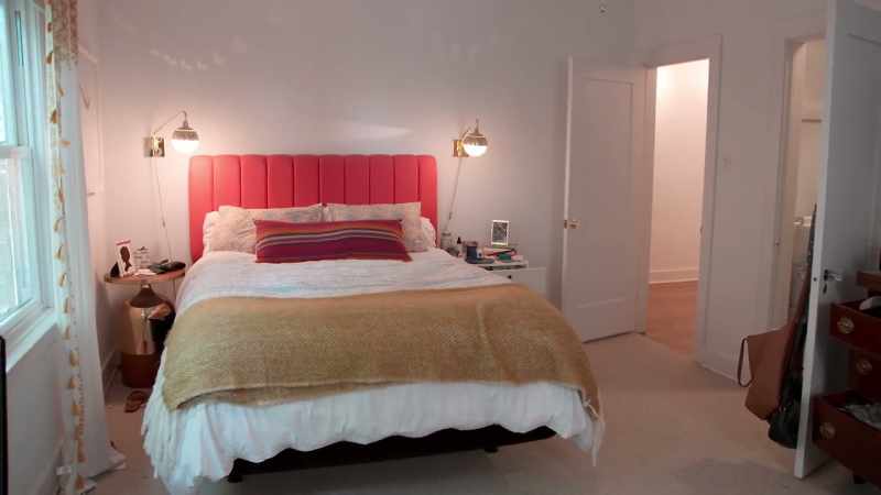 So, for this space, we are reupholstering her headboard