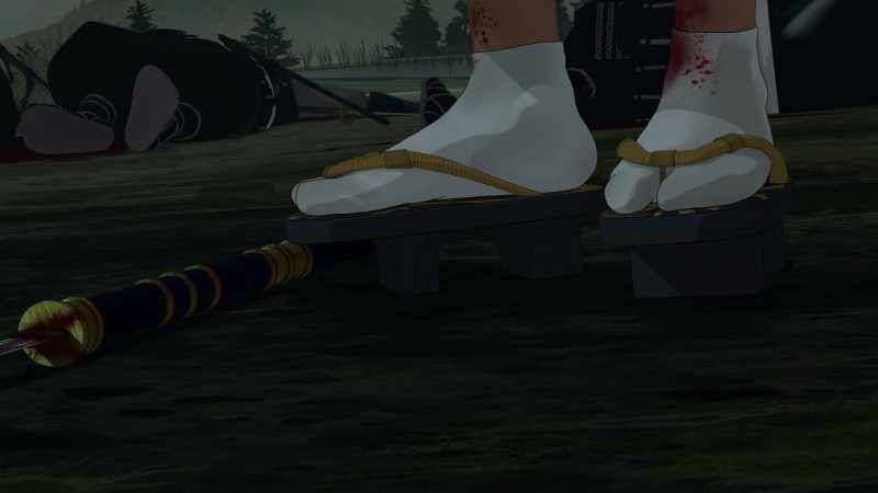 [somber music playing]