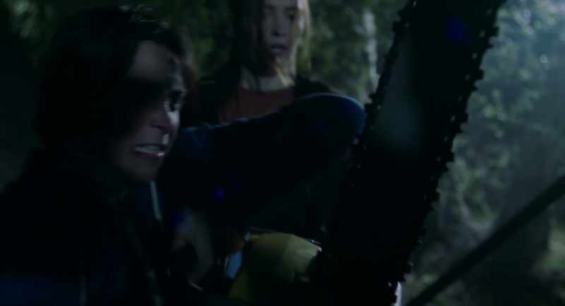 [Sound of the chainsaw running]