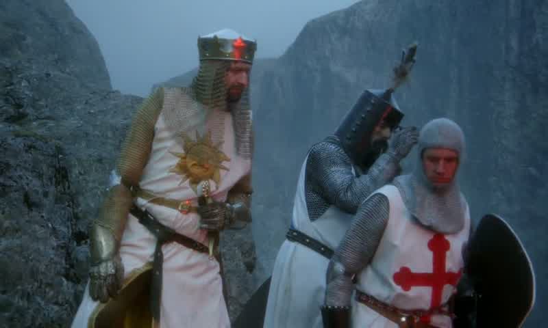 Stop! - What is your name? - Sir Galahad of Camelot. - What is your quest? - I seek the Grail. - What is your favorite color? - Blue