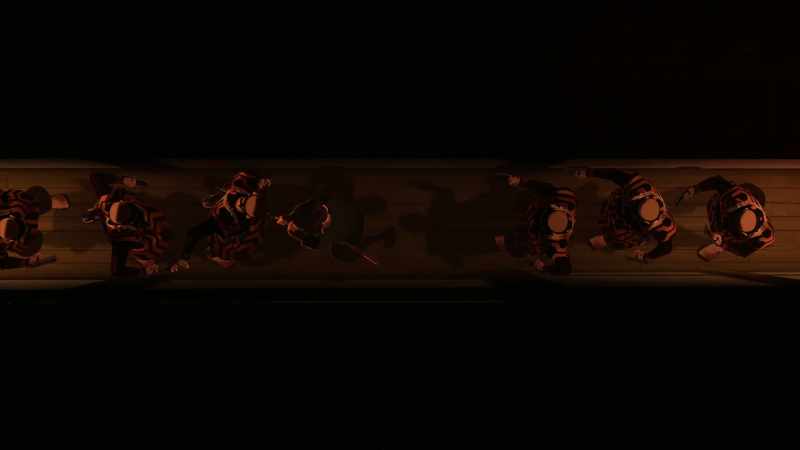 [sword stabbing, slicing] -[men grunting]
